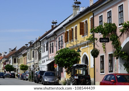 RUST, AUSTRIA - JULY 23: different bird nests with white storks on roofs in the village in Burgenland, the village is a preferred destination for bird lovers, on July 23, 2012 in Rust, Austria