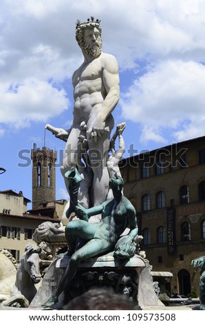 FLORENCE, ITALY - JUNE 13: Neptune fountain on piazza della signoria in the Unesco World Heritage site on June 13, 2012 in Florence, Italy