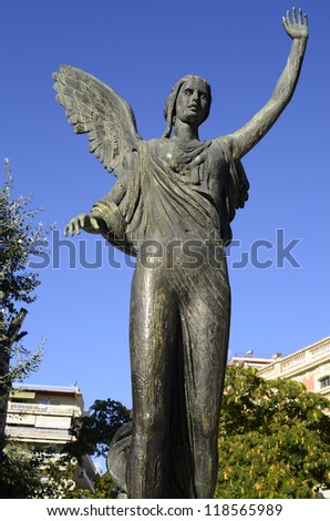 KAVALA, GREECE - SEPTEMBER 23: statue of Godess Nike, the bronze statue of victory is in the Iroon public garden and made by sculptor John Parmakelis, on September 23, 2012 in Kavala, Greece