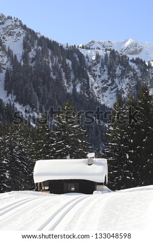 Austria, cross country ski track and snow covered small lodge
