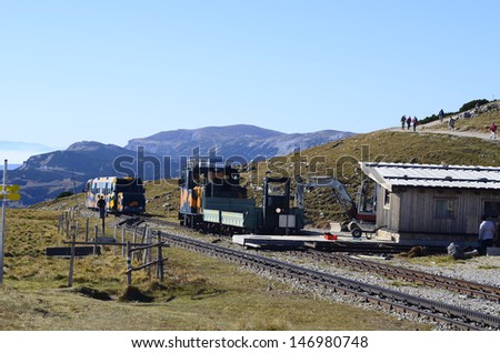 Schneeberg, Austria, trekking people and track construction works on the rack railway named Salamander on Schneeberg mountain