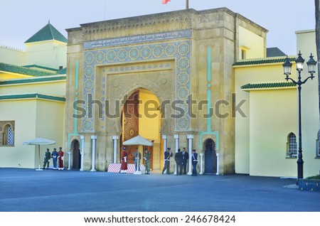 RABAT, MOROCCO - NOVEMBER 18: Unidentified soldiers as honor guard from different arms of service in front of the entrance to palace of King Hassan, on November 18, 2014 in Rabat, Morocco