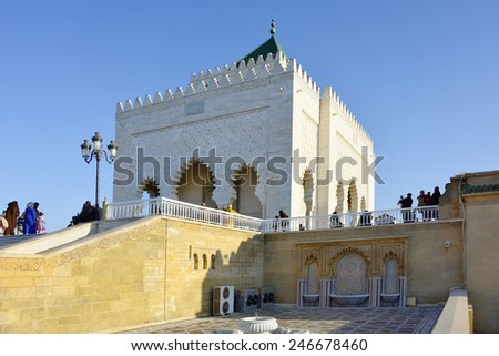 RABAT, MOROCCO - NOVEMBER 18: Unidentified people in front of mausoleum of Mohammed V., former king of Morocco, on November 18, 2014 in Rabat, Morocco