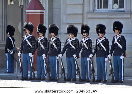 COPENHAGEN, DENMARK - JUNE 23: Unidentified soldier of the Royal Guard by changing the guards in Amalienborg Castle, on June 23, 2009 in Copenhagen, Denmark