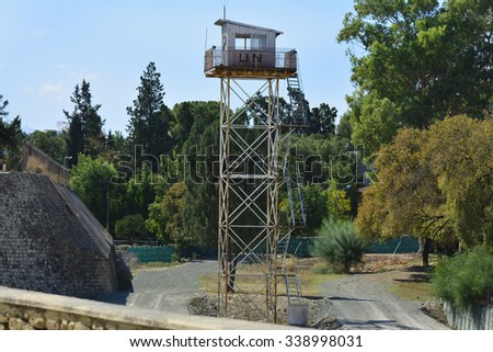 NICOSIA, CYPRUS - OCTOBER 20: UN watch tower on border in the shared city, on October 20, 2015 in Nicosia, Cyprus