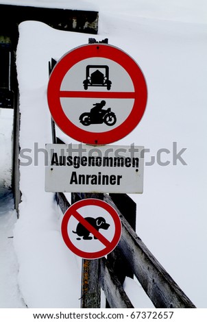 Austria, street sign and sign against dog excrements