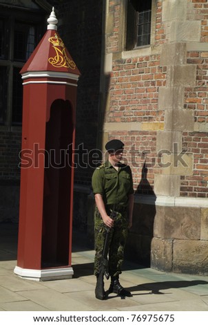 COPENHAGEN, DENMARK - JUNE 24: armed soldier - Queen\'s Life Guard on watch in Rosenborg Castle on June 24, 2009 in Copenhagen, Denmark
