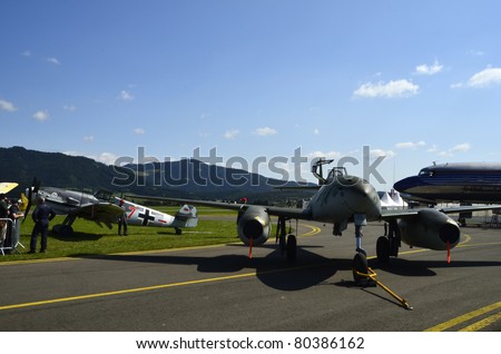 ZELTWEG, AUSTRIA - JULY 01: German World War II fighter Messerschmitt Bf 109/ Me 109 and Me 262 by airshow - airpower11 - on July 01, 2011 in Zeltweg, Austria