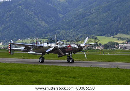 ZELTWEG, AUSTRIA - JULY 01: World War II Lockhead P38 Lightning from Flying Bulls Team by airshow - airpower11 - on July 01, 2011 in Zeltweg, Austria