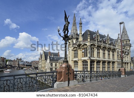 Belgium, Ghent, UNESCO world heritage, Graslei with river leie and the former post office building