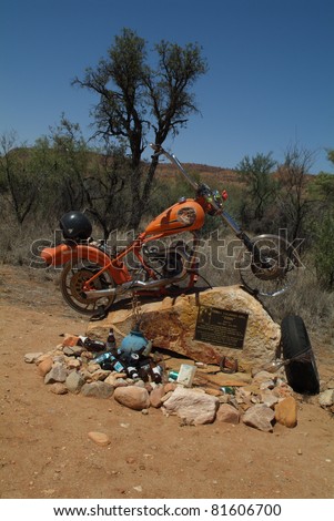 ALICE SPRINGS, AUSTRALIA - MARCH 01: macabre memorial on Ross River Road in Northern Territory for an deadly accident with bike on March 01, 2008 in Alice Springs, Australia