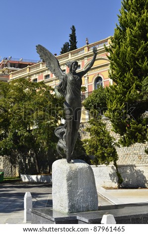 KAVALA,GREECE - SEPTEMBER 26: Statue of Godess Nike in the Iroon public park in front of the Megali Leschi building, the statue is from sculptor John Parmakelis on September 26, 2011 in Kavala, Greece