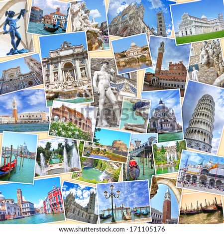 Stack of travel images from Italy (my photos). Famous landmarks of Italian cities - Venice, Rome, Florence, Siena, Pisa, Tivoli