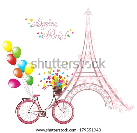 Bonjour Paris text with eiffel tower and bicycle Romantic postcard from Paris Vector illustration Bonjour Paris text with eiffel tower and bicycle Romantic postcard from Paris Vector illustration