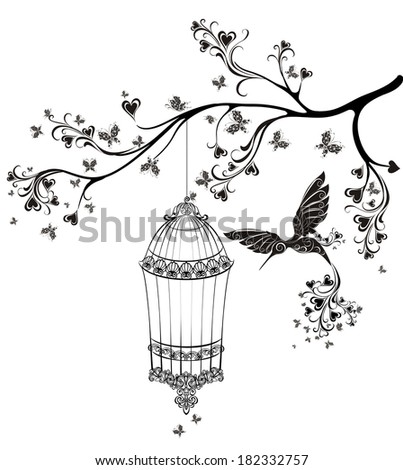 Birds out of cages. Spring birds flying on the branch. Vector illustration