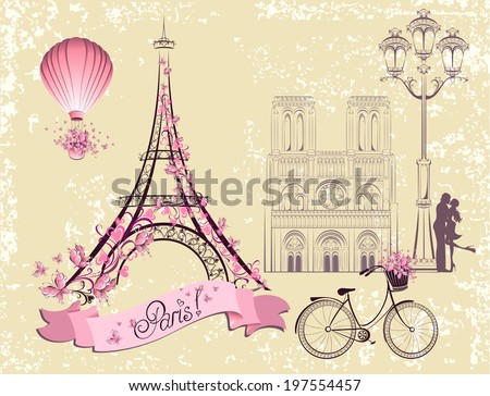 Paris symbols and landmarks Romantic postcard from Paris Vector set Paris symbols and landmarks Romantic postcard from Paris Vector set