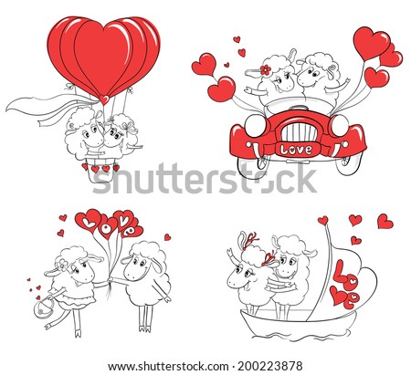 Couple in love Set of funny pictures happy sheep Idea for greeting card with Happy Wedding or Valentine's Day Cartoon doodle vector illustration Couple in love Set of funny pictures happy sheep Idea for greeting card with Happy Wedding or Valentine's Day Cartoon doodle vector illustration