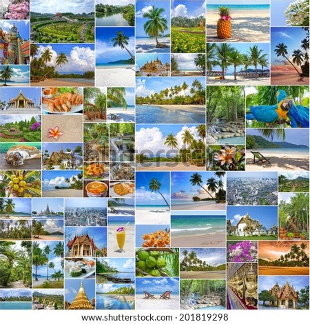 Collage of travel images from Thailand (my photos). Buddhist temples, exotic islands, tropical beaches with white sand and palm trees and a traditional Thai cuisine. Nature and travel background