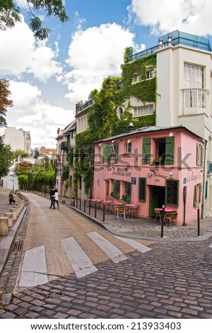 PARIS - August 21: La Maison Rose, a famous cafe restaurent of Montmartre, all painted in pink on August 21, 2014 in Paris, France.