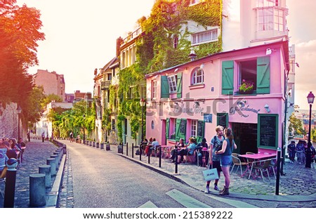 PARIS - August 16: La Maison Rose, a famous cafe restaurent of Montmartre at sunset, all painted in pink on August 16, 2014 in Paris, France