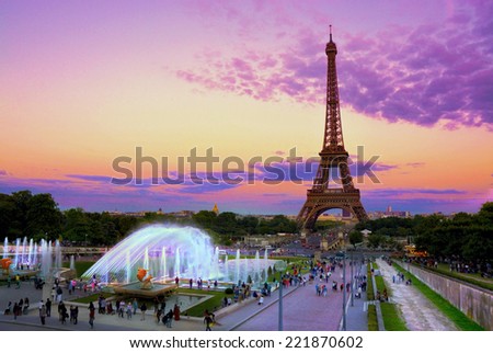 Eiffel Tower and fountain at Jardins du Trocadero at sunset Paris France Eiffel Tower and fountain at Jardins du Trocadero at sunset Paris France