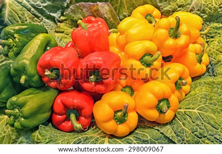Ripe yellow, red and green sweet bell Peppers for sale on Vegetables Market