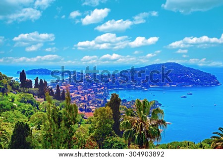 Cote d\'Azur France. View of luxury resort and bay of French riviera - Villefranche-sur-Mer is situated between Nice city and Monaco. Mediterranean Sea