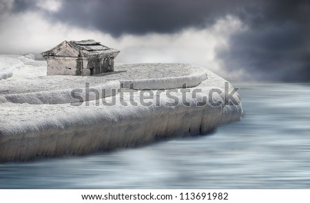 Ancient building on a frozen seashore