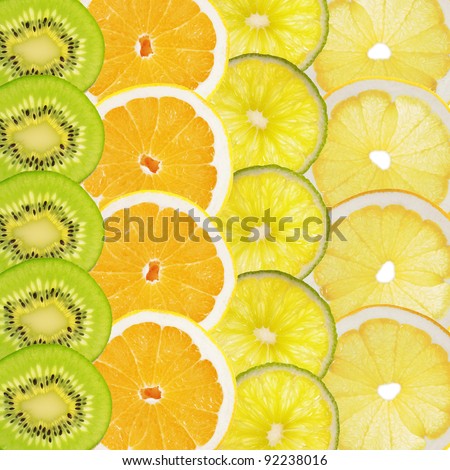 Fruity background of kiwi, orange, grapefruit and lime