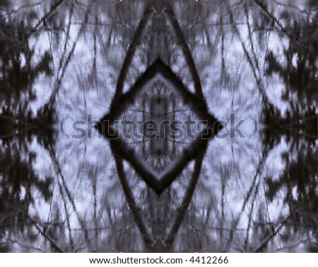 Intended as a background, this abstract is created from a tiled image reflected from a creek in a natural setting. The tiling creates the appearance of several interesting new shapes and patterns.