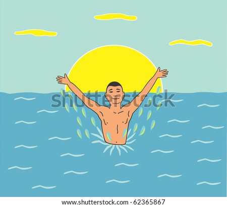 Happy man swimming in sea in rays of setting sun