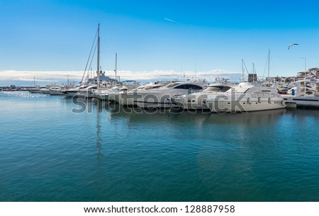 Super Yachts moored at Puerto Banus Harbor near Marbella Andalusia Spain