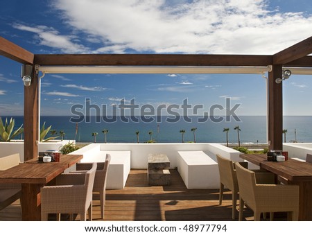 View of the Mediterranean Sea from a roof terrace in Andalucia Spain