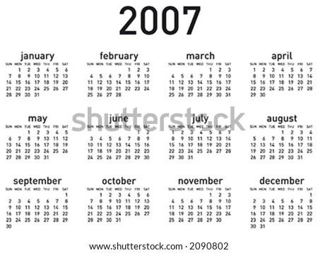Simple 2007 calendar. Horizontal layout. Vector format, can be scaled to any size (type is both as fonts and as curves for maximum customization)