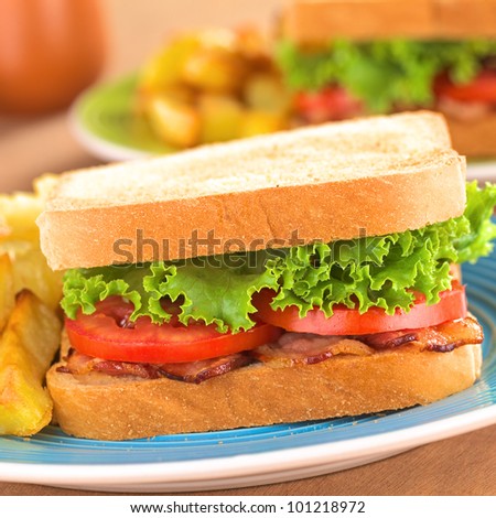 Fresh homemade BLT (bacon lettuce and tomato) sandwich with French fries on blue plate (Selective Focus, Focus on the front of the sandwich)