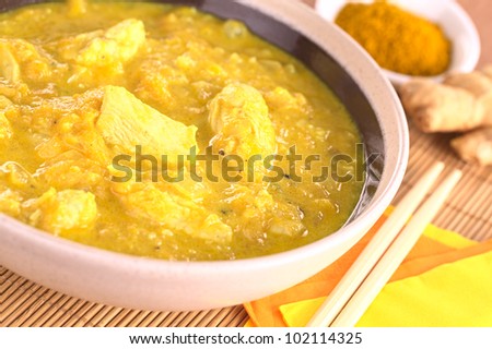 Indian chicken-mango curry dish in bowl with curry powder and ginger root in the back (Selective Focus, Focus on the horizontal chicken piece in the middle of the bowl)