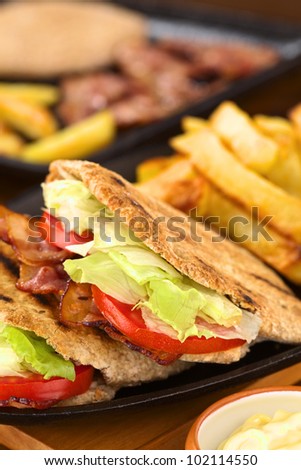 Fresh homemade BLT (bacon lettuce tomato) wholewheat pita sandwich with French fries on metallic plate with mayonnaise in the front (Selective Focus, Focus on the front of the upper pita stuffing)
