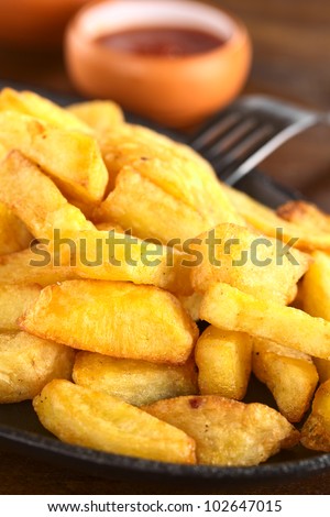 Fresh crispy homemade French fries on metallic plate with ketchup (Selective Focus, Focus one third into the fries)