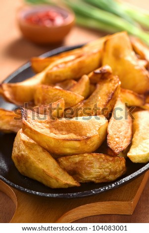Fresh homemade crispy fried potato wedges on metallic plate with ketchup and scallion in the back (Selective Focus, Focus one third into the image)
