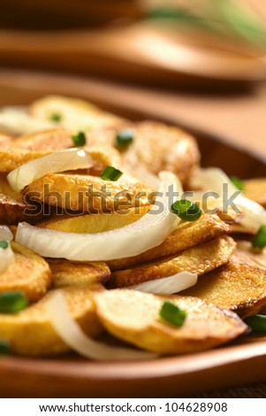 Fresh homemade crispy fried potato slices with fried onion and scallion on wooden plate (Selective Focus, Focus on the front of the potato slice on top)