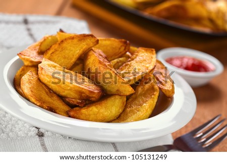 Fresh homemade crispy fried potato wedges on plate with fork on the side and ketchup in the back (Selective Focus, Focus one third into the potatoes)