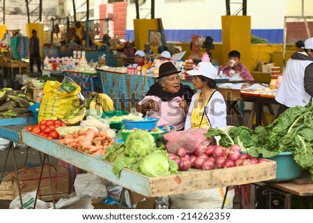 BANOS, ECUADOR - FEBRUARY 26, 2014: Unidentified women talking on the fruit and vegetable market on Plaza 5 de Junio on February 26, 2014 in Banos, Ecuador.