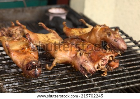 BANOS, ECUADOR - FEBRUARY 28, 2014: Guinea pigs being barbecued on Ambato Street at the market hall on February 28, 2014 in Banos, Ecuador. In Ecuador, guinea pig (cuy) is considered a delicacy