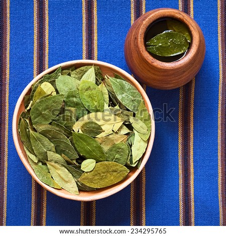 Dried coca leaves in clay bowl with fresh coca tea (mate de coca) on the side, photographed with natural light