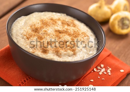 Bowl of cooked oatmeal porridge mixed with powdered maca or Peruvian ginseng (lat. Lepidium meyenii) with cinnamon on top and maca roots in back (Selective Focus, Focus in the middle of the porridge)
