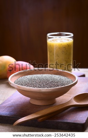 Chia seeds (lat. Salvia hispanica) in bowl photographed with natural light. Chia seeds are a superfood containing protein, omega fat and antioxidants. (Selective Focus, Focus one third into the bowl)