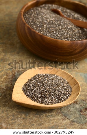 Chia seeds (lat. Salvia hispanica) photographed with natural light. Chia is considered a superfood with proteins, omega fats, minerals, antioxidants (Selective Focus, Focus one third into the chia)