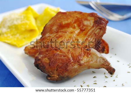 Main Dish: Guinea pig meat with ravioli on white rectangular plate (Selective Focus)