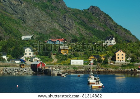Sorvagen, the town of the ferry terminal for the ferry between Bodo and the Lofoten, Norway