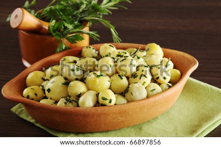 Small potatoes with herbs, such as parsley, thyme and rosemary with a mortar filled with herbs in the background (Selective Focus, Focus on the front of the potatoes and the bowl)